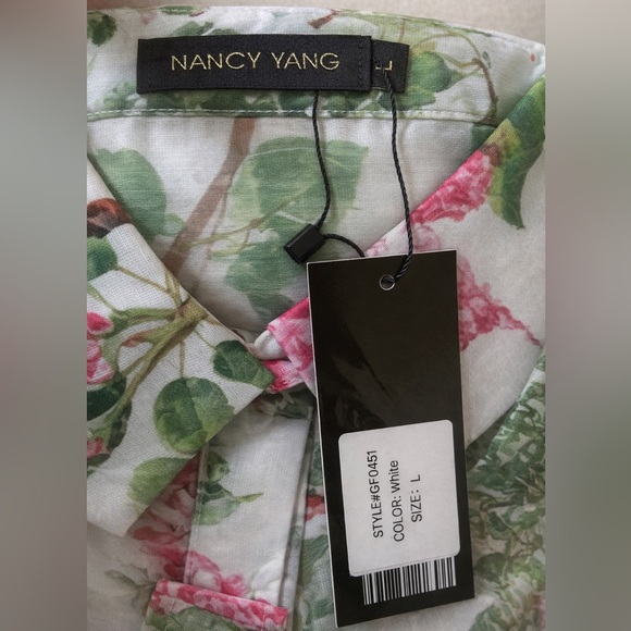 White Floral Wrap Midi Dress with Pink & Green Blooms - Picture 3 of 3